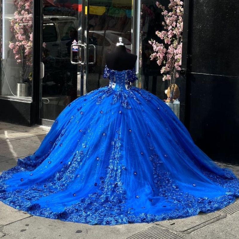Royal Blue Shiny Quinceanera Dresses Ball Applique Beads Tull Birthday Party Lace Up Graduation Gown Sweetheart de 15 anos
