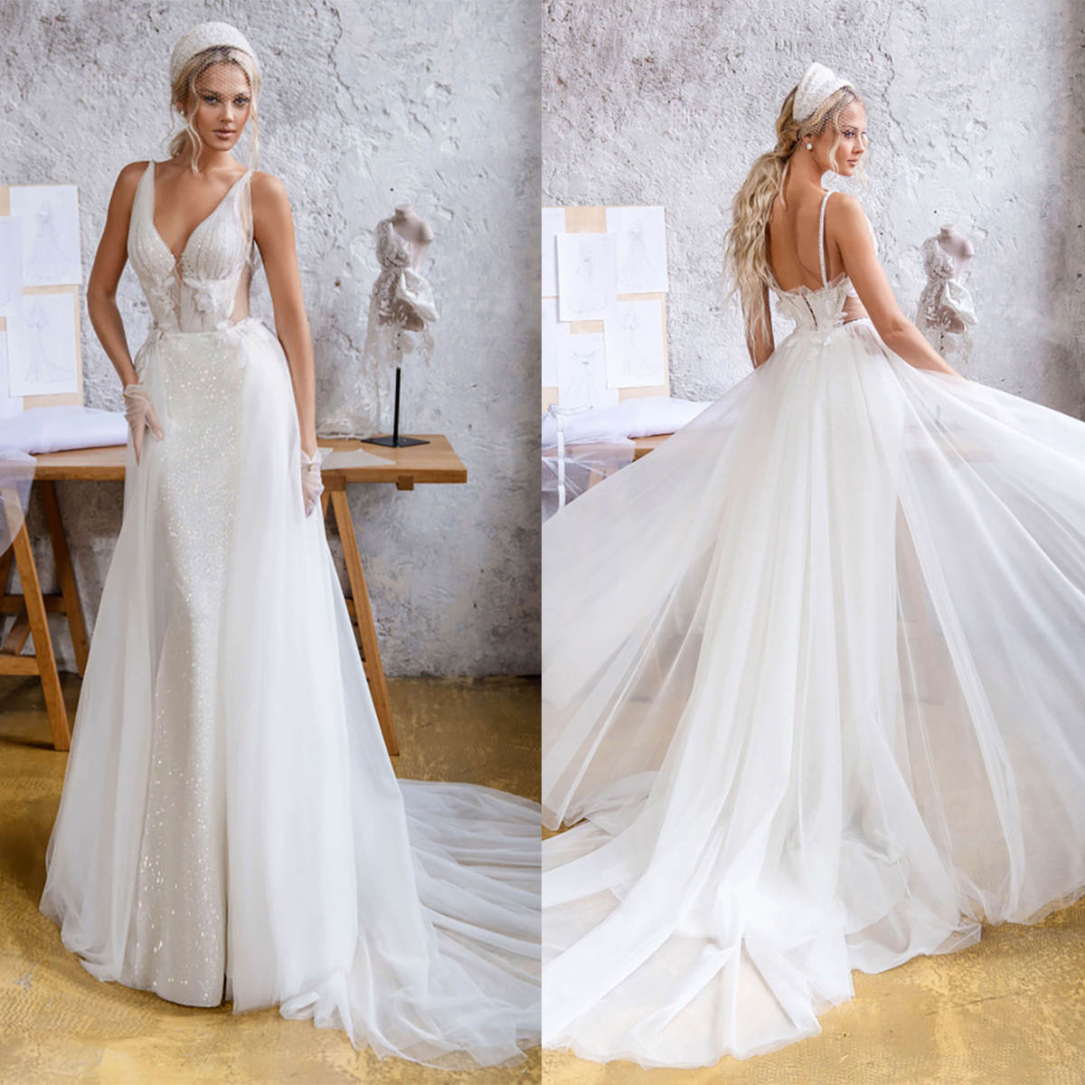 Gorgeous Mermaid Wedding Dress Sequined Beaded V Neck Spaghetti Strap Bride Gowns 3D Flowers Detachable Sweep Train Tulle Bridal Dresses