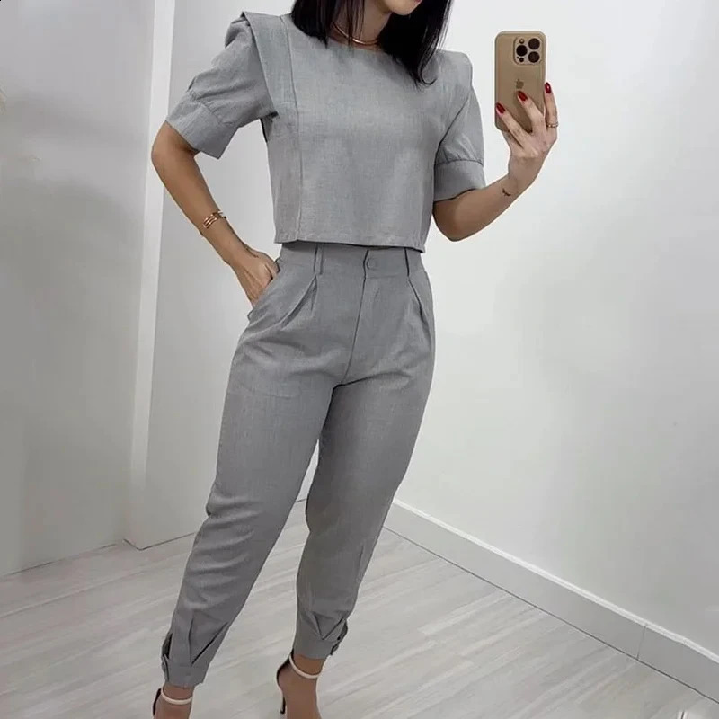 Wefads 2024 est Women Summer Two Piece Set Casual Short Sleeve Round Neck Solid Top Loose With Pockets Pants Sets Streetwear 240813