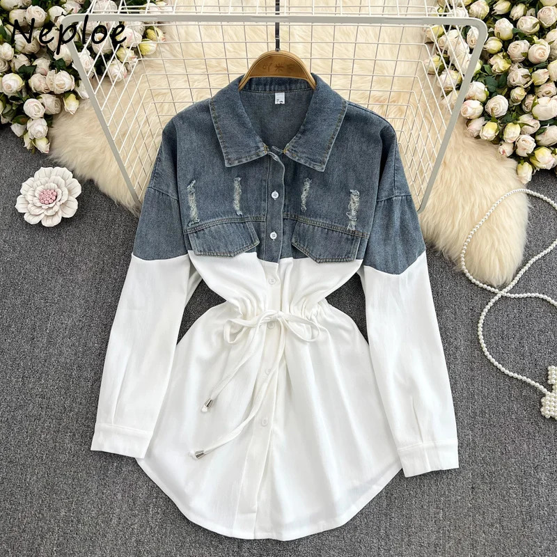 Neploe Turn Down Collar Contrast Color Denim Patchwork Blouse Single-breasted Drawstring Blusa Korean 2024 Loose Casual Shirt 240812