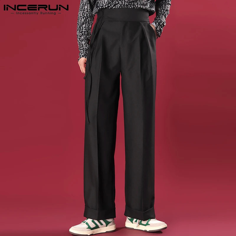 Mens Pants Runner Lace Pocket Solid Street Clothing Casual Straight Trouser Bag Fashion Korean S5XL INCERUN 240812