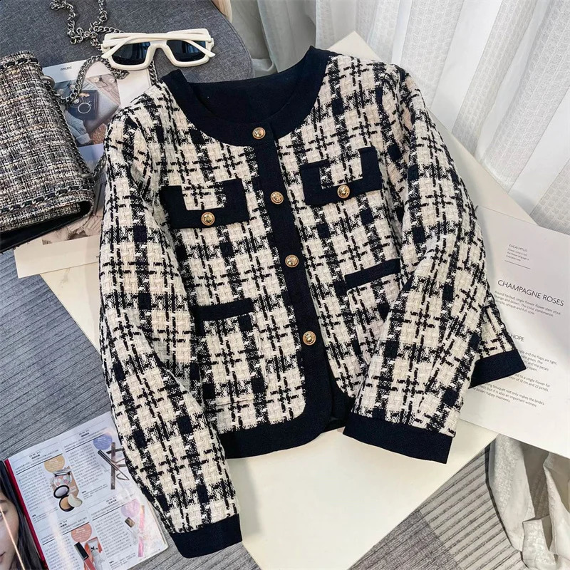 High Quality French Vintage Small Fragrance Tweed Jacket Coat Womens Spring Autumn Casual Fried Street Short Coat Plaid Outwear 240812