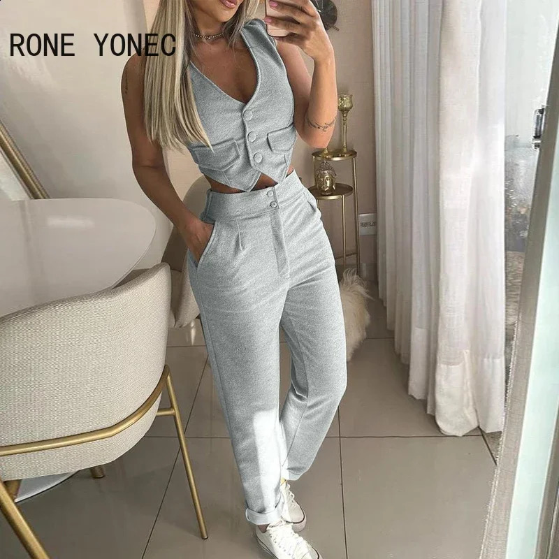 V-Neck Buttoned Vest Top Pants Set Women Two Pieces Suits 240813