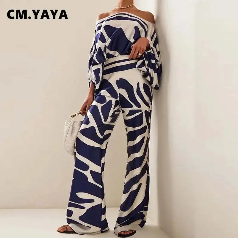 CM.YAYA Striped Satin Womens Set Off Shoulder Batwing Long Sleeve Shirt and Straight Wide Leg Pants Two 2 Piece Set Outfit 240813