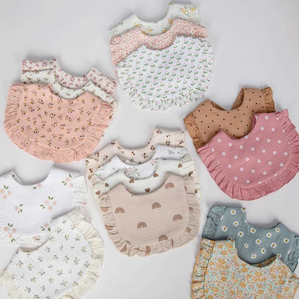 Bibs Burp Cloths Flower Print Baby Bibs Adjustable Snap Saliva Towel Ruffled Edge Muslin Cotton Burp Cloths Rainbow A Grade Girls Feeding ScarfL4812