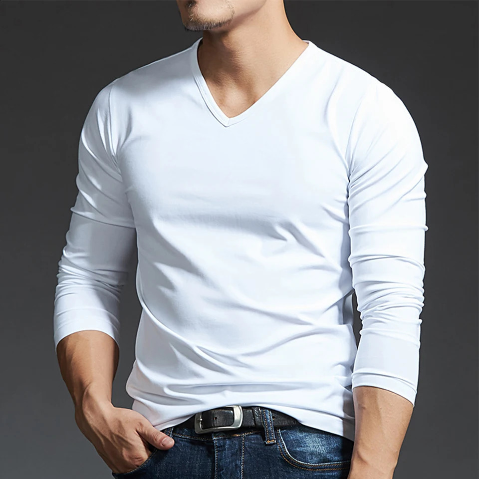 Casual Mens Long Sleeves Muscle V Neck Slim T-Shirt Solid Color Activewear Tops Tee Undershirt T Shirt Man Clothing 240812