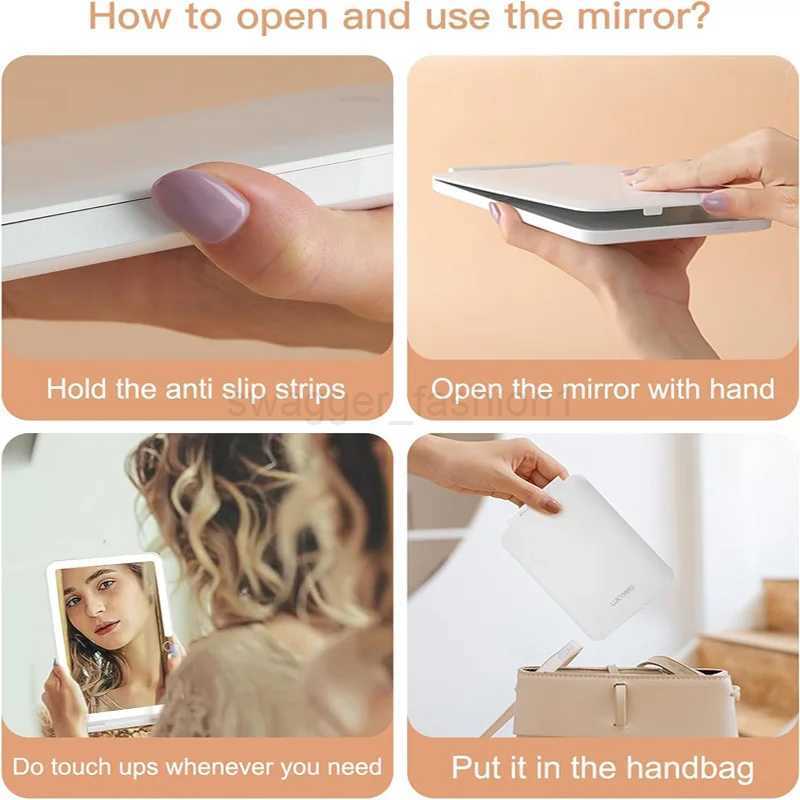 Portable travel USB rechargeable foldable makeup mirror with tri-color LED light Smart touch makeup mirrorXJ240813
