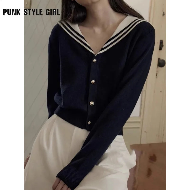 Sailor Collar Vintage Women Cardigan Preppy Style Basic Sweater Korean Spring Knitwear White Jumper Japanese Aesthetic Tops 240812