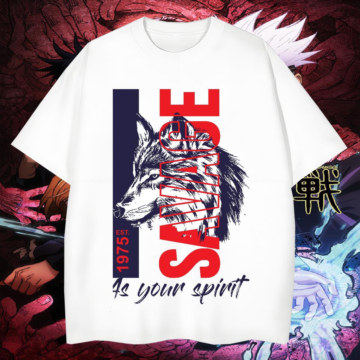 TOP Quality Men T Shirts wolf O Neck Short Sleeves Hip Hop Plus Size Cartoon 100% Cotton 230g Men Clothes T-Shirt Classic Casual Clothings