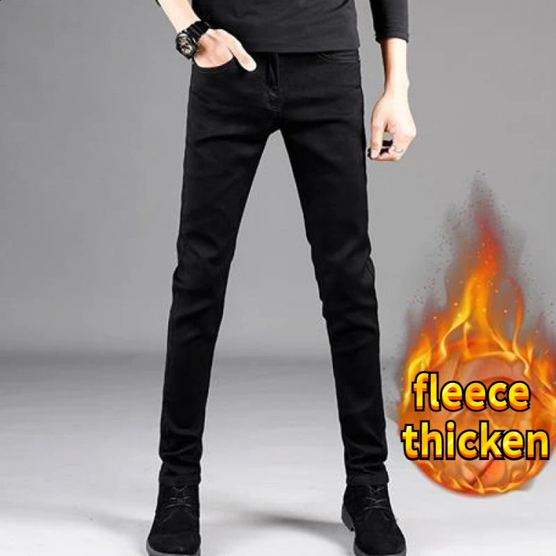 Warm Fleece Pants Winter Man Cowboy Thermal Lined Black Korean Fashion Slim Thicken Plush Wool Boot Cut Jeans Men 240812