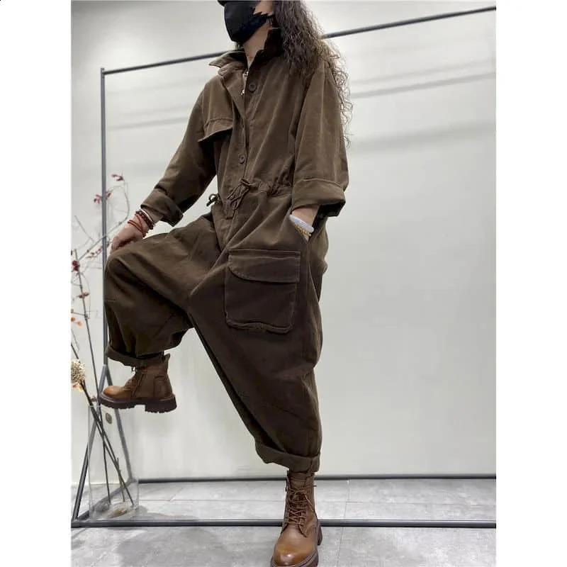 Oversize Jumpsuits Women Long Sleeve One Piece Outfit Women Cotton Linen Playsuit High Waist Pants Overalls for Women Clothes 240813