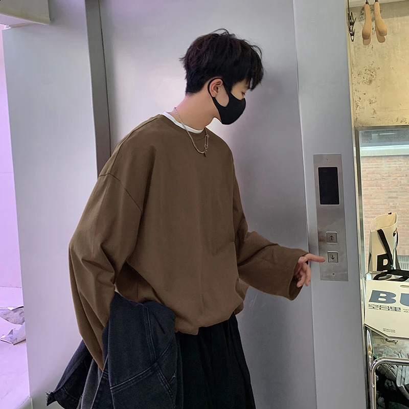 Privatthinker oversized mens T-shirt long sleeved high-quality cotton fashionable Korean clothing top solid color Harajuku mens T-shirt 240826