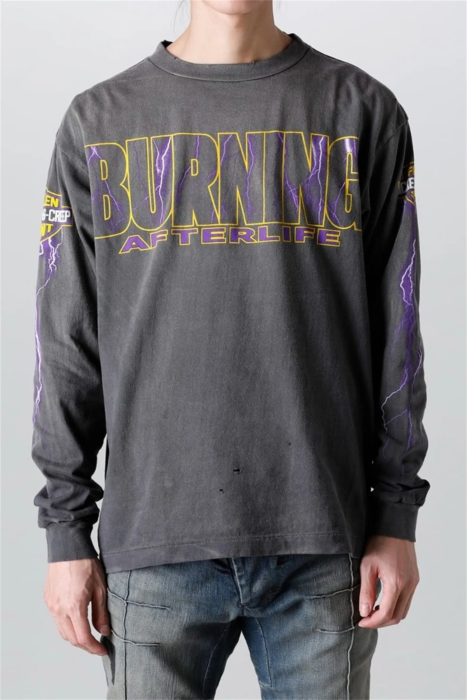 Summer Retro EVILSPIRIT Thunder Printed Washed High Street Cotton Loose Long Sleeve Mens Tshirt Zipper 240812