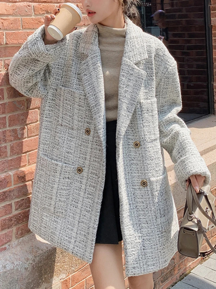 EAM White Tweed Big Size Long Blazer Women Lapel Long Sleeve Loose Fit Jacket Fashion Spring Autumn 30A2119 240812