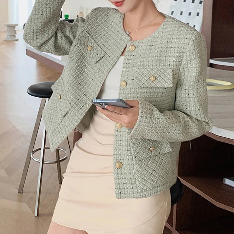 EVNISI Women Autumn Winter Tweed Single Breasted Elegant Cardigan Coat Long Sleeve Plaid Pockets Office Jacket Warm Outerwear 240812