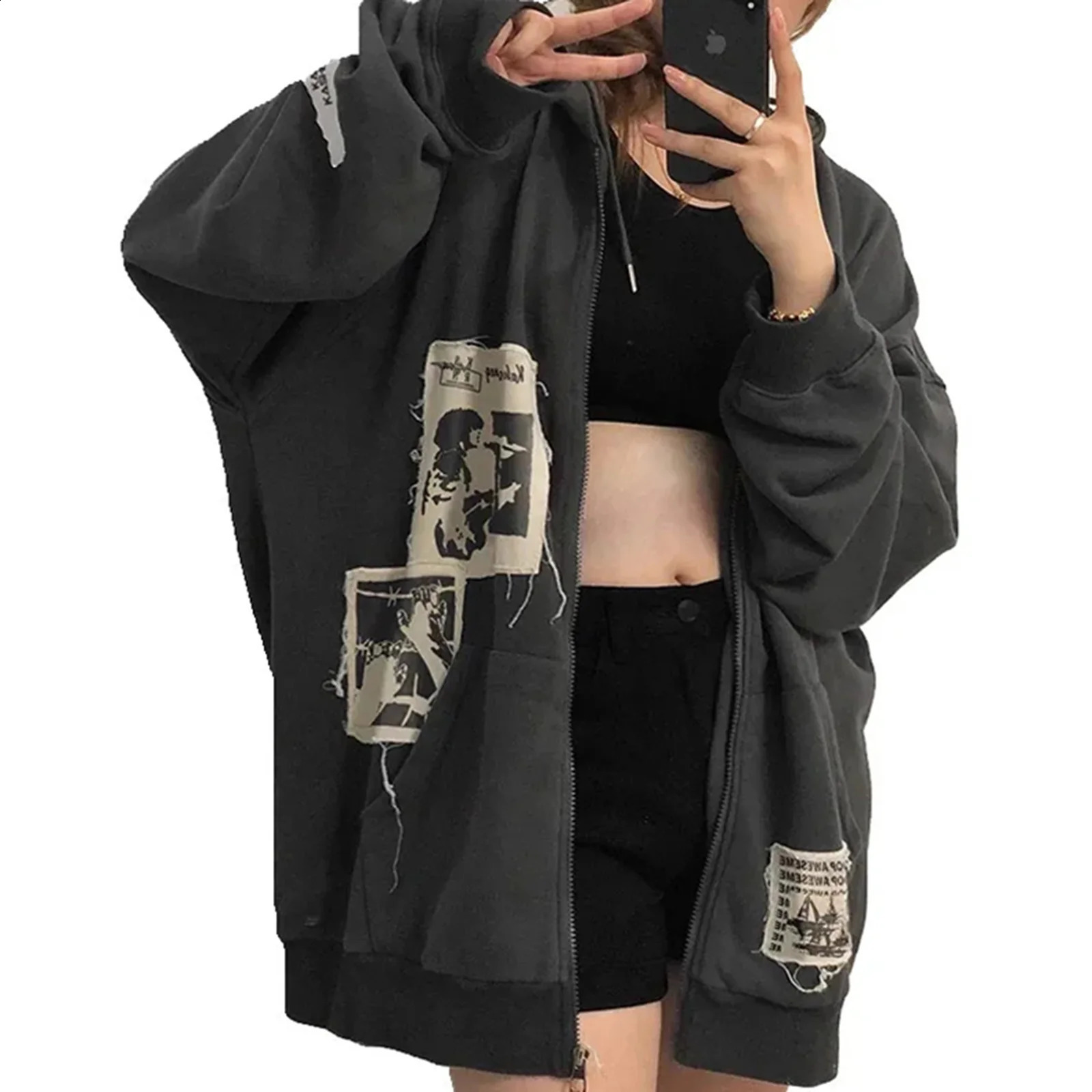 Womens Y2K Zip Up Hoodie Vintage Graphic Oversized Aesthetic Sweatshirt Long Sleeve E-Girl 2000s Streetwear Jacket Y2k 240812