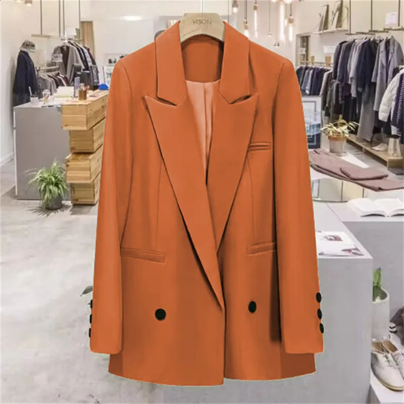 Women Fashion Double Breasted Loose Fitting Blazer Oversized Coat Vintage Long Sleeve Pockets Female Outerwear Chic Veste Femme 240813