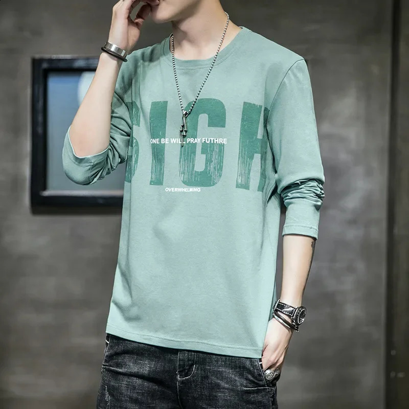 Autumn Mens Long Sleeve T-shirt Style Loose Fit Trendy Sweatshirt Hong Kong Style Casual Clothing For Men 240812
