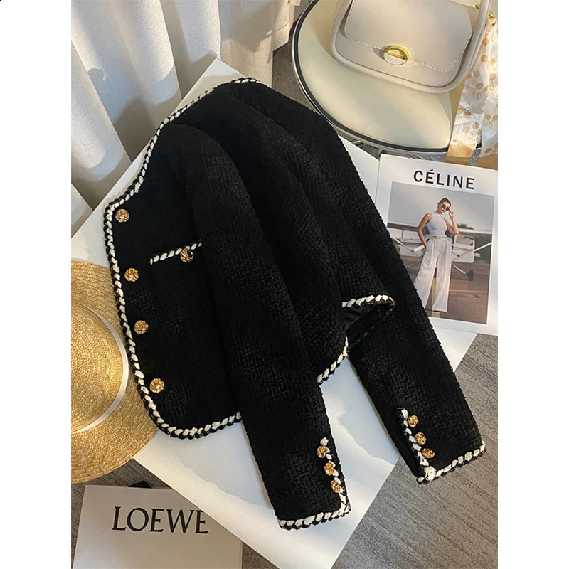 MEXZT Vintage Tweed Jacket Women Elegant Cropped Quilted Coat Commute Black Blazer Winter Ladies Korean Short Outerwear Tops 240812