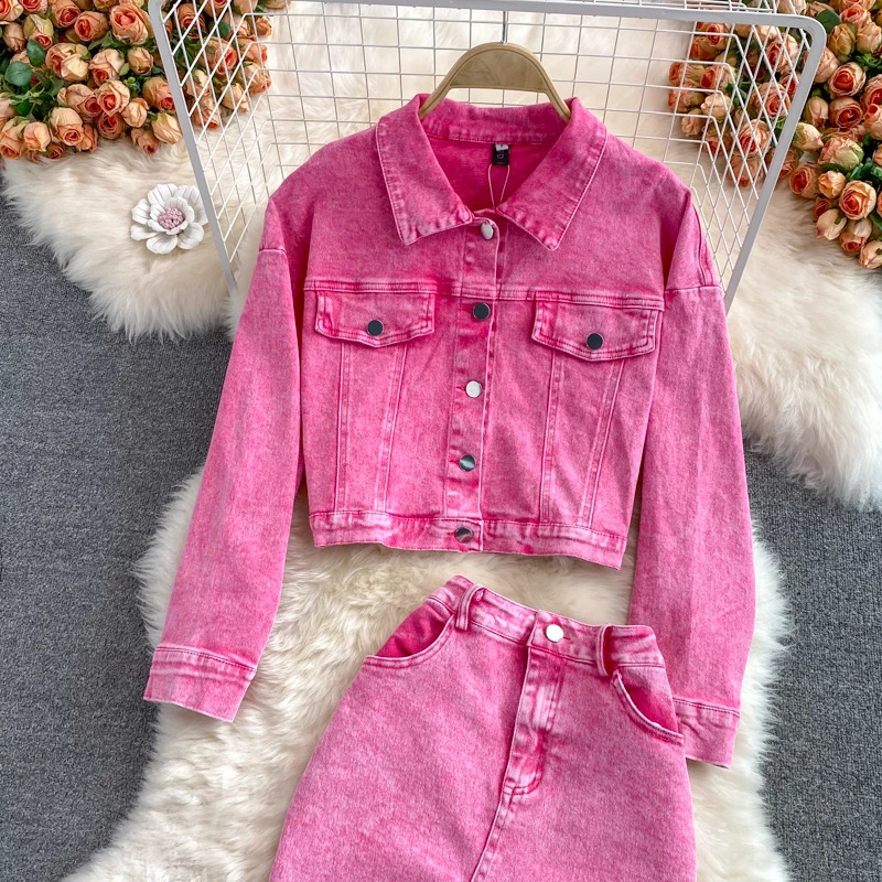 Pink Short Denim Jacket Womens Skirt Set Mid-length High Waisted Split Slinm Package Hip Skirts 2024 Spring Autumn 240812