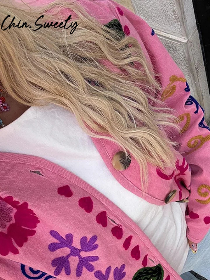 Fashion printed jacket womens casual single chest Vneck long sleeved pocket autumn elegant 240808