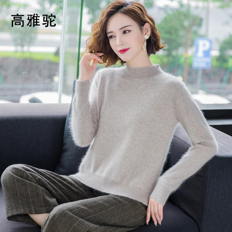 Winter 100%Mink Cashmere Women Half High Neck Fashion Knit Thick Solid Color Sweater Long Sleeve Large Size Base Warm Top 240813