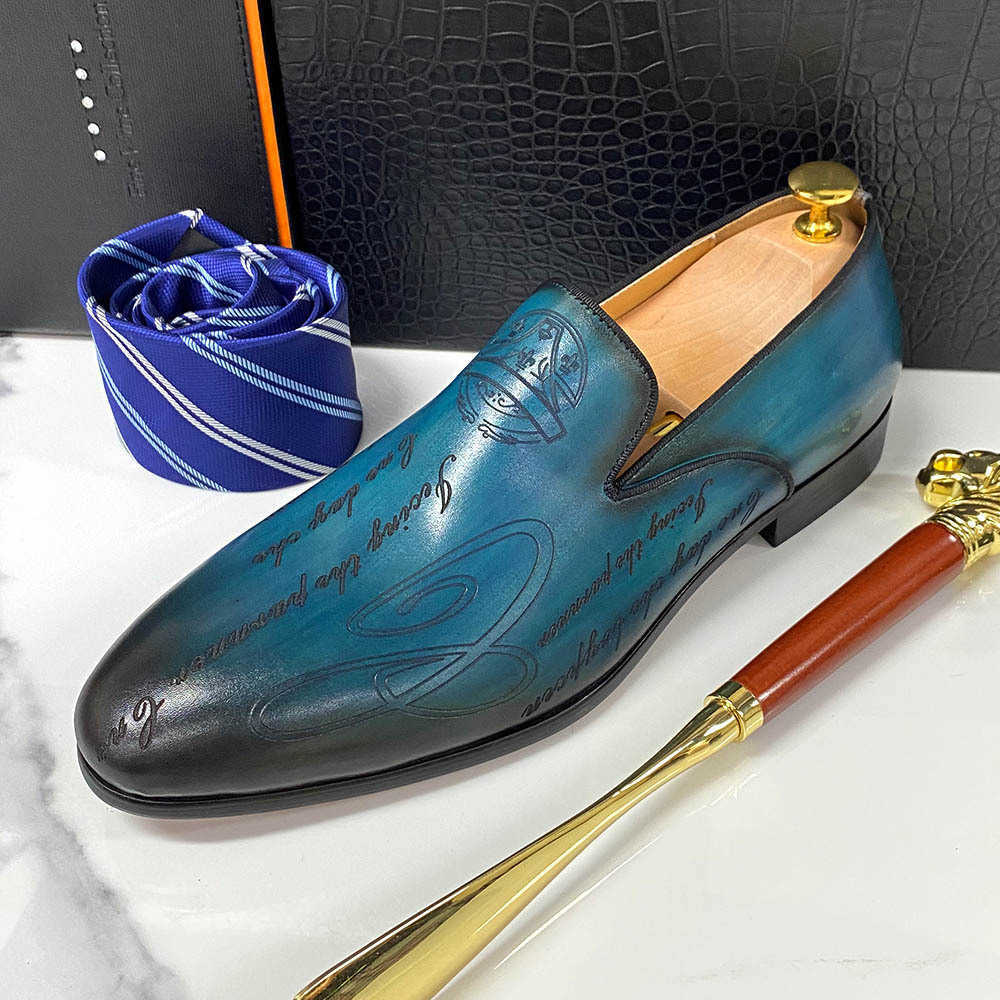 CMM Italian Style Handpainted Letters Mens Shoes Leather Formal Shoes Mens Loafer Shoes One Foot Business Casual Single Shoes