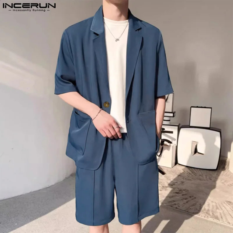 2024 Men Sets Solid Color Lapel Short Sleeve Blazer Shorts Two Pieces Sets Streetwear Mens Casual Suits S-5XL INCERUN Summer 240813