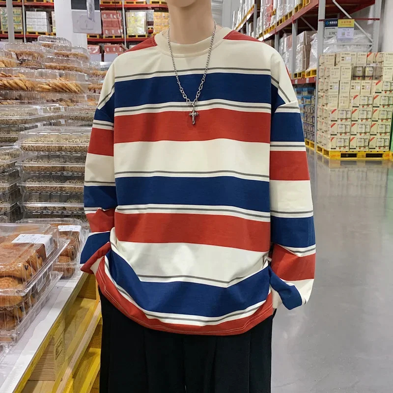 Striped Long Sleeve T-shirt For Men Spring Autumn Harajuku Hong Kong Style Ins Trendy Versatile Top Loose Fit Casual Round Neck 240812