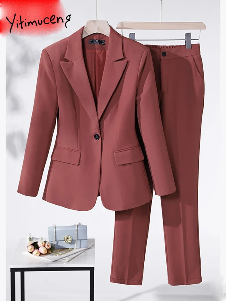 Yitimuceng Two Piece Sets Women Outifits Office Womens Single Button Down Collar Sweatshirt Solid Casual Pants Set 240812