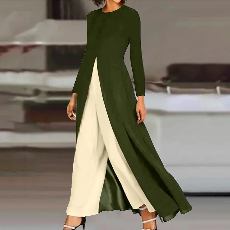 Casual Floral Loose H-Line Two-Piece Set Sexy High Slit Round Neck T-Shirt Solid Color Pants Outfits Spring Crew Neck Women Suit 240813