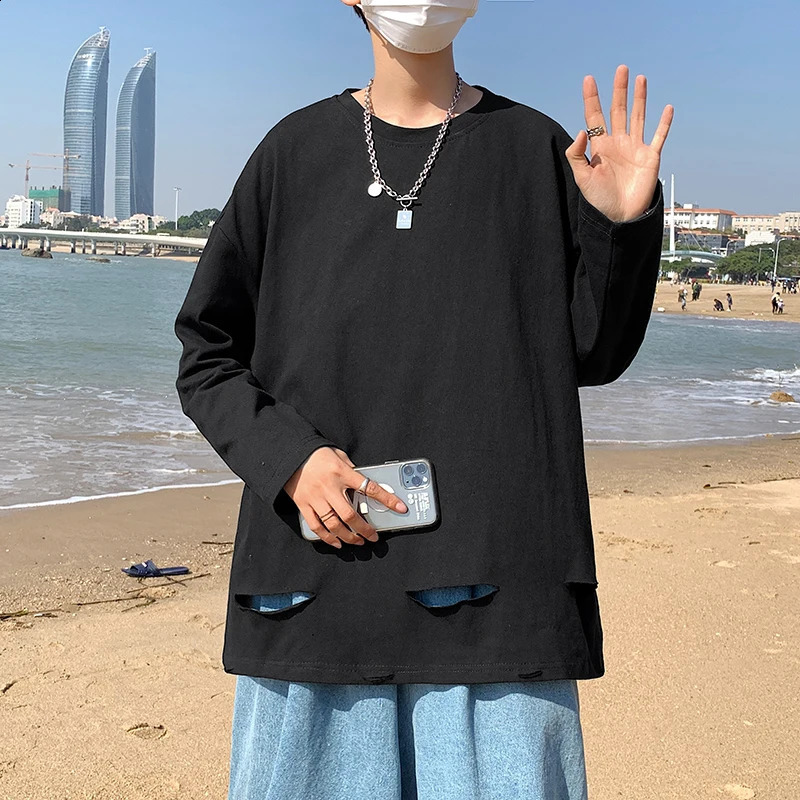 Men Long Sleeve T-shirts Ripped Clothing Summer Fashion High Street Harajuku All-match Handsome Korean Teens Cool Baggy 240812