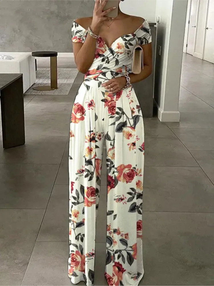 Summer Printed One Shoulder Jumpsuits Women High Waist Short Sleeves Wide Leg Long Pants Slim Jumpsuit Ladies Commuting 240813