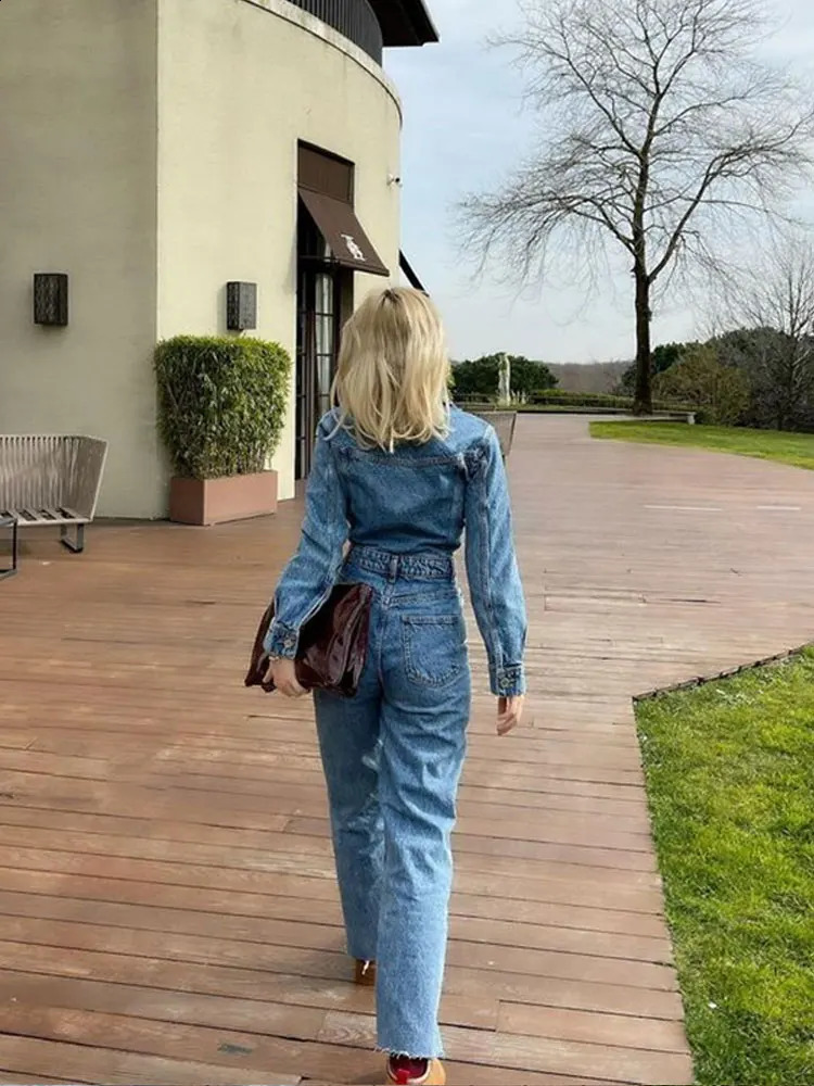 Women Y2k Denim Jumpsuit Long Sleeve Elegant Jumpsuits Female Lapel Jeans Overalls Streetwear Summer Office Lady Romper 240813