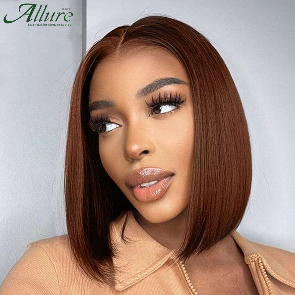 Bone Straight Front Human Hair For Women Short Bob HD Lace Frontal Wig Brown Color Glueless Wigs Allure