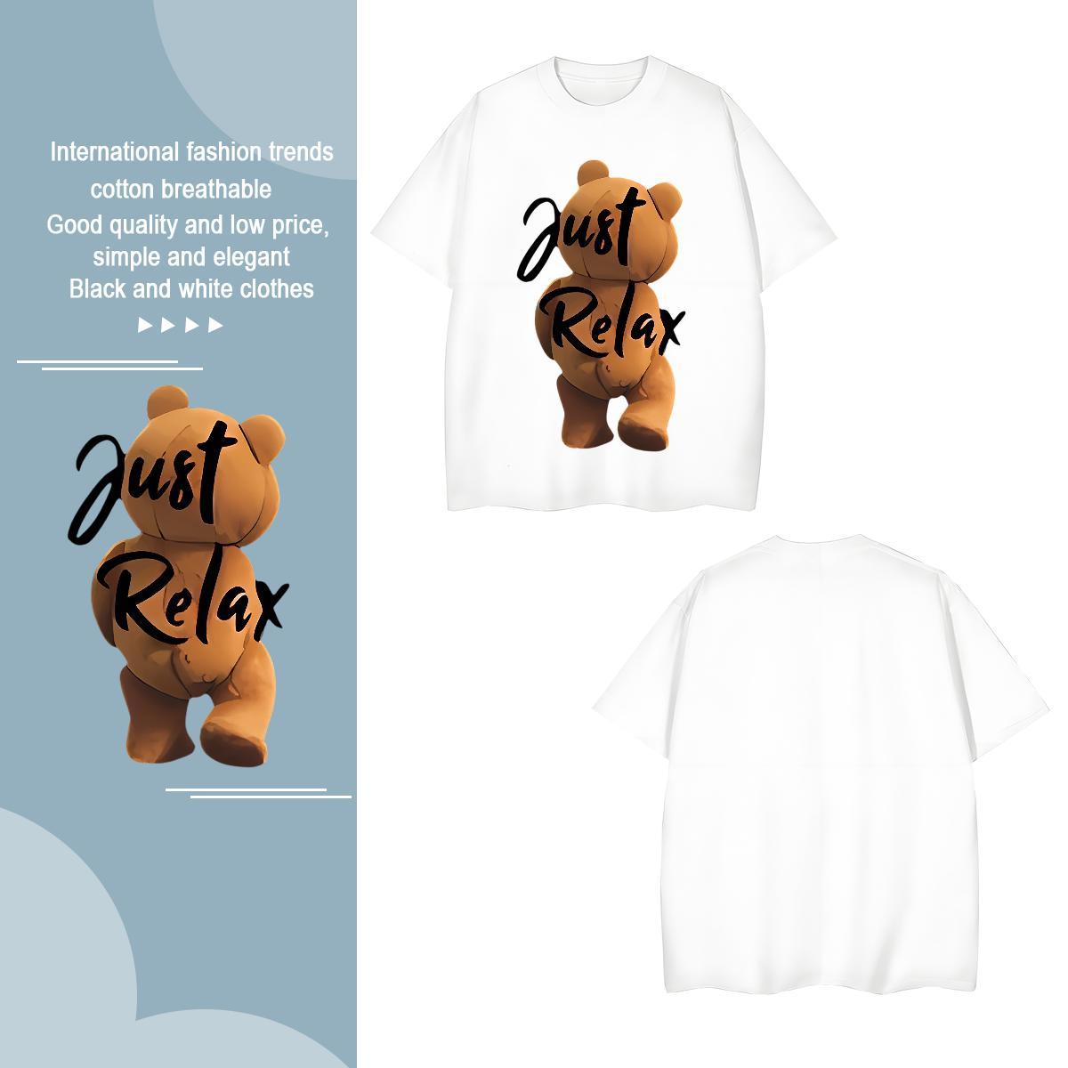 Loose T-Shirts for Men bear O Neck Short Sleeves Sport Black Oversized 230g 100% Cotton Men Tees Fashion New Wear