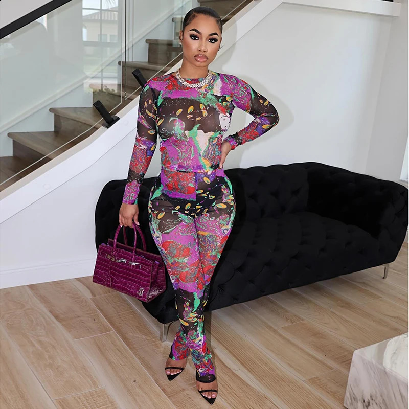 BUILDINGB Print Mesh Two Piece Set Women Sexy O-Neck Long Sleeve Crop Tops And High Waist Pencil Pants Matching 2024 Y2K Streetw 240813