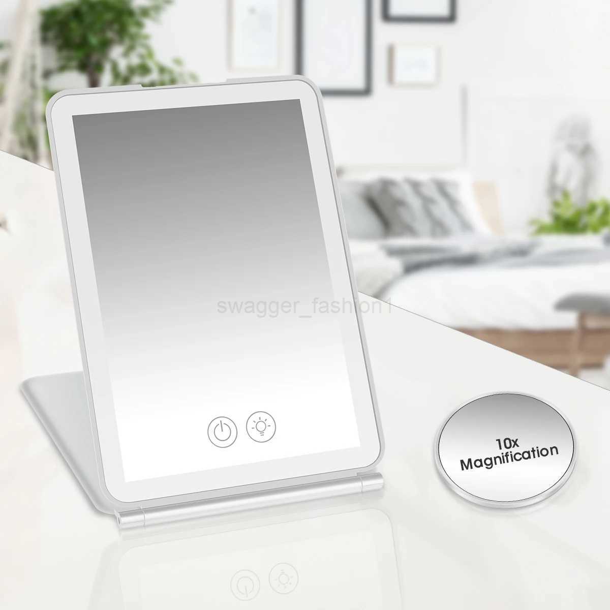Portable Foldable Travel Makeup 10x 3 Colors LED Light Cosmetic Mirror Touch Screen Stepless Dimming USB Travel Dressing GlassXJ240813