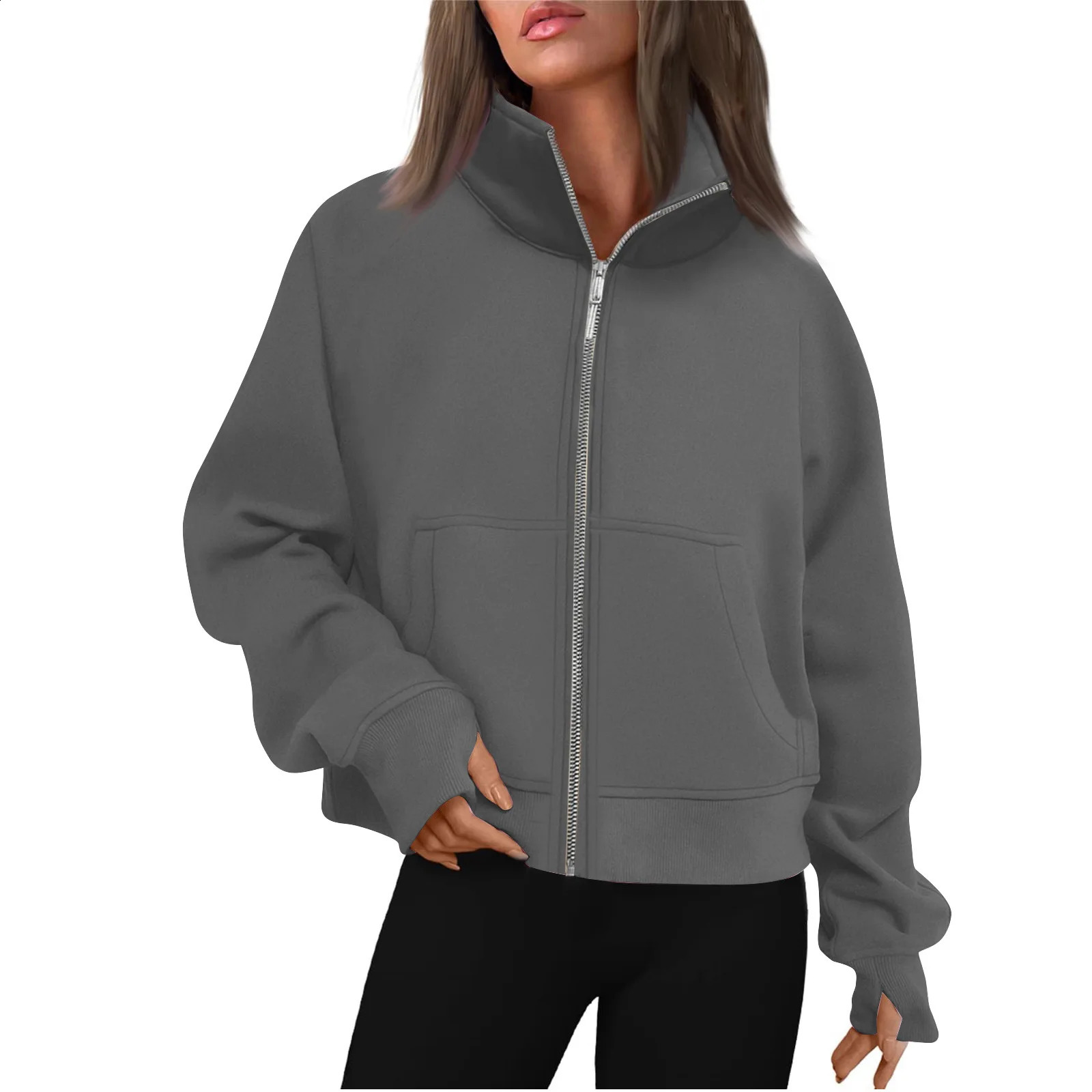 Autumn Winter Fashion Women Cotton Fleece Long Sleeves Thumb Hole Zipper Short Stand-Up Collar Thick Cardigan Sports Hoodie 240812