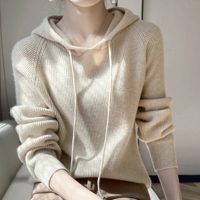 100% pure cashmere sweater womens highend latte knit hooded sweatshirt spring collar loose top jacket 240812