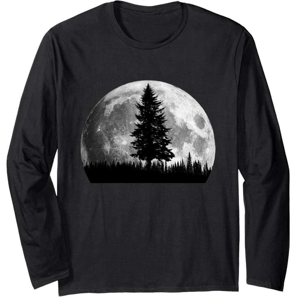 Long Sleeve Shirts for Men sweatshirt Retro Full Moon Minimalist Pine Tree Vintage Graphic Long Sleeve Tee Streetwear Casual tops clothes