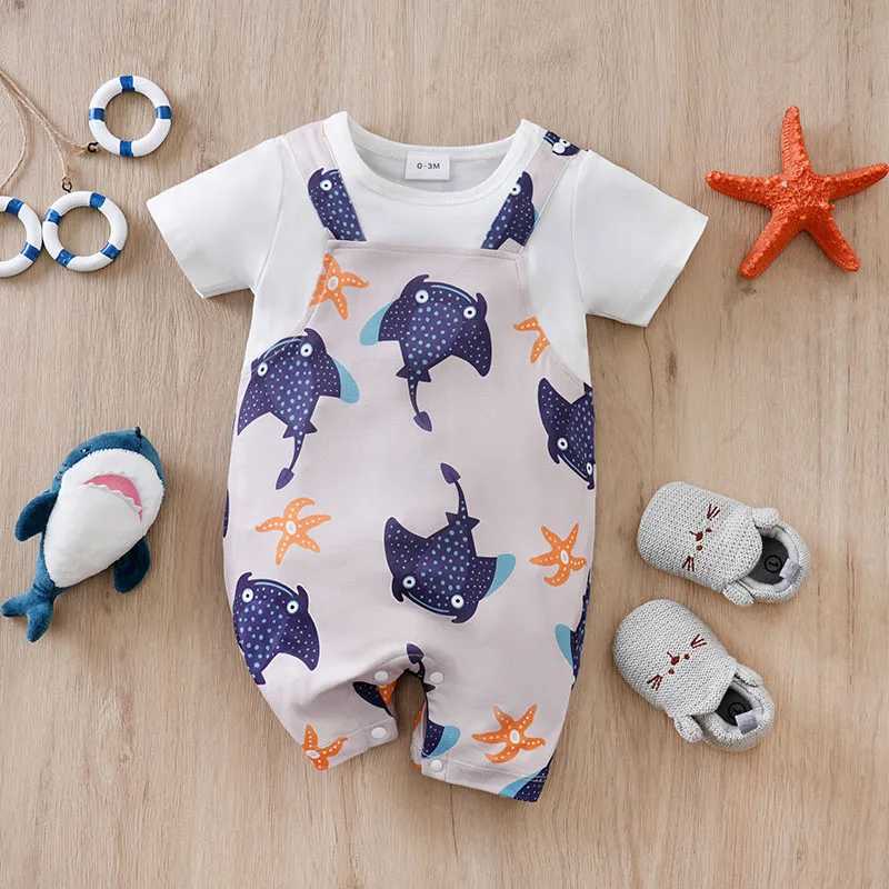 Newborn baby jumpsuit clothing jumpsuit Onesies short sleeved printed clothing summer round neck outdoor sports for children 0-18 months W240812