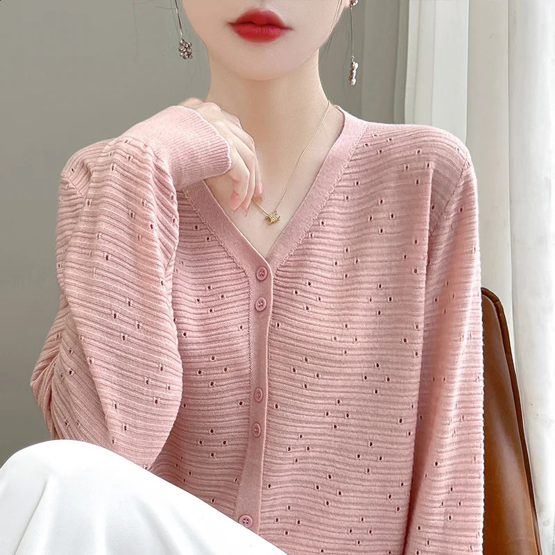 autumn Vneck wool sweater hollow womens loose top casual knitted 240812