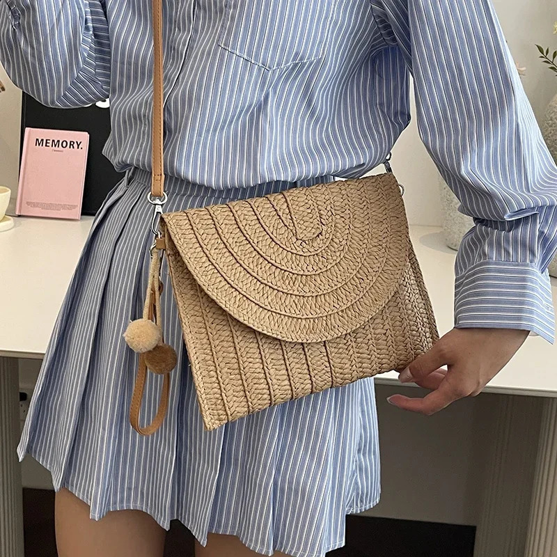 2024 Summer Handbag Clutch Bag For Women Fashion Khaki Straw Simple Small Beach Crossbody Phone Purse Flap Envelope 240812