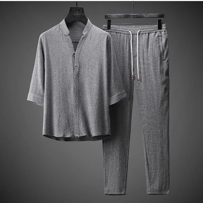 Summer Solid Color Cotton Linen Set for Mens Casual Relaxing Comfortable Breathable Large Size Two piece M4XL 240816