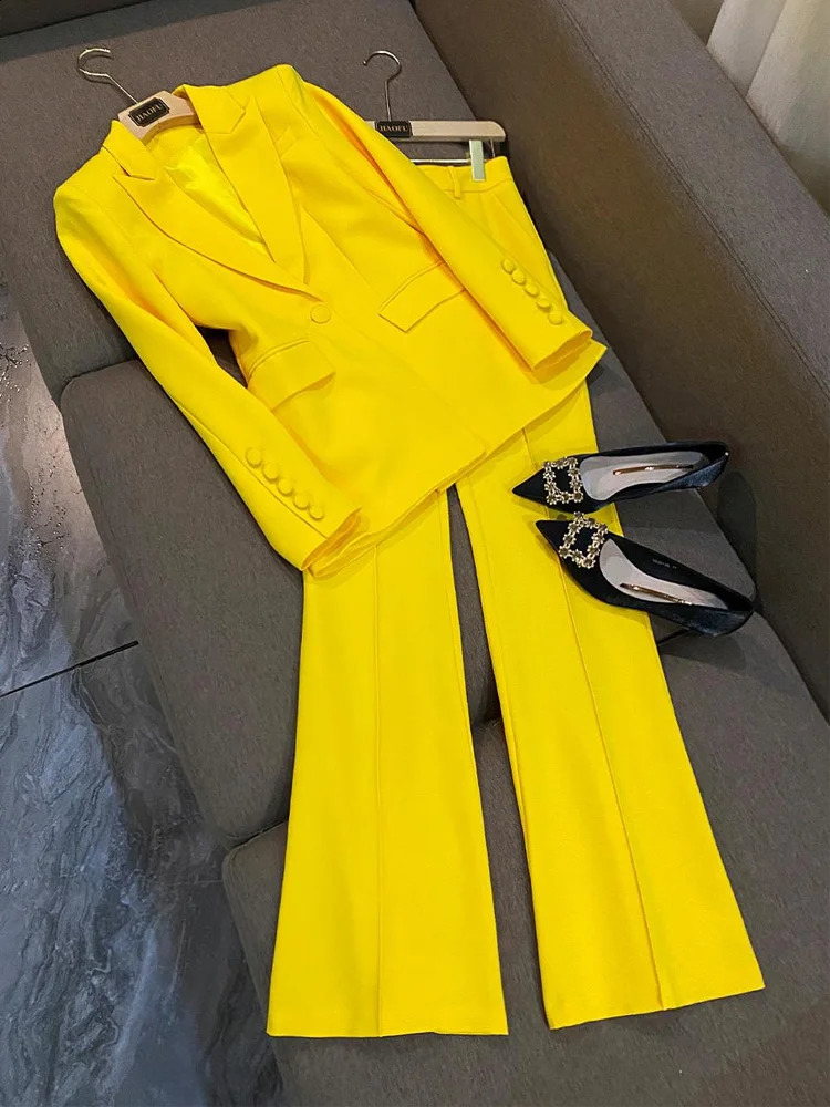 All season Lemon Yellow Office Womens Set Double layered Long sleeved Trailblazer Flared Pants Solid Two piece 240812
