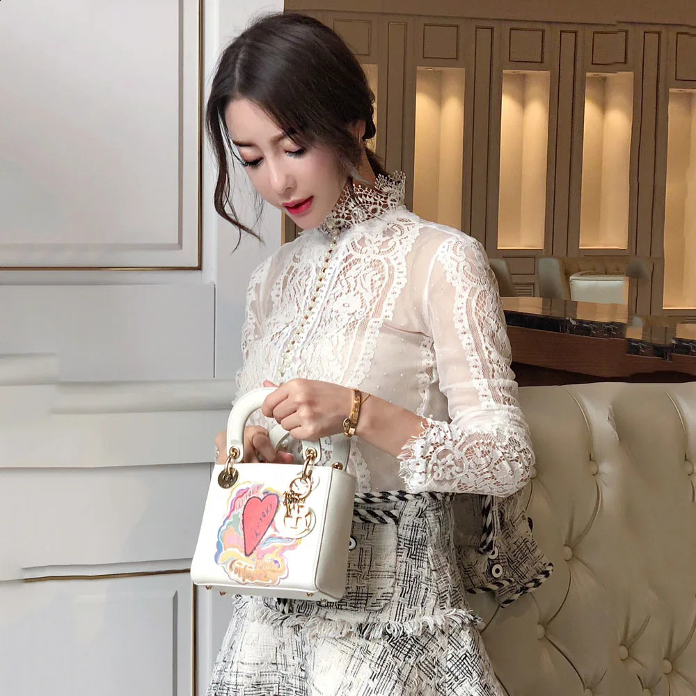 Blusas Mujer De Moda Slim Women Shirt Elegant Pearl Blouse Lady Long Sleeve Turtleneck Lace Shirts Autumn Korean Sexy Hollow Top 240813