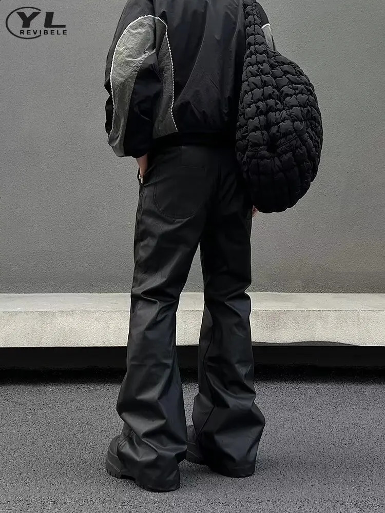 High Street Black Leather Pant Men American Vintage Casual Straight Micro Horn Pants Gothic Functional Loose Trousers Autumn 240812