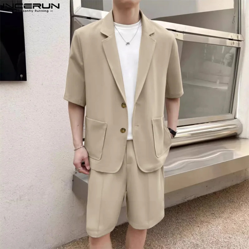 2024 Men Sets Solid Color Lapel Short Sleeve Blazer Shorts Two Pieces Sets Streetwear Mens Casual Suits S-5XL INCERUN Summer 240813
