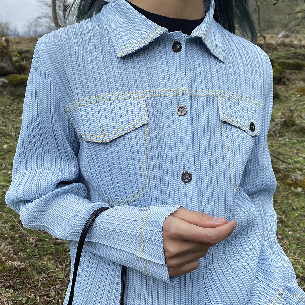 Miyake Pleated Denim Printed Shirt Long Sleeve Women Cardigan Single Breasted Casual Jacket Pocket Coat Top 240812